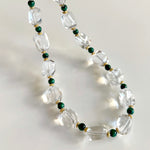 natural clear crystal quartz necklace with malachite beads and gold accents, fall statement jewelry