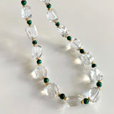 natural clear crystal quartz necklace with malachite beads and gold accents, fall statement jewelry