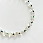 natural clear crystal quartz necklace with malachite beads and gold accents, fall statement jewelry