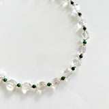 natural clear crystal quartz necklace with malachite beads and gold accents, fall statement jewelry