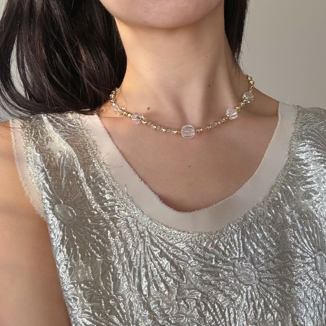 Crystal Quartz Bead Necklace with Gold Accents