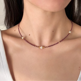 Dainty Garnet Bead Pearl Necklace and Bracelet