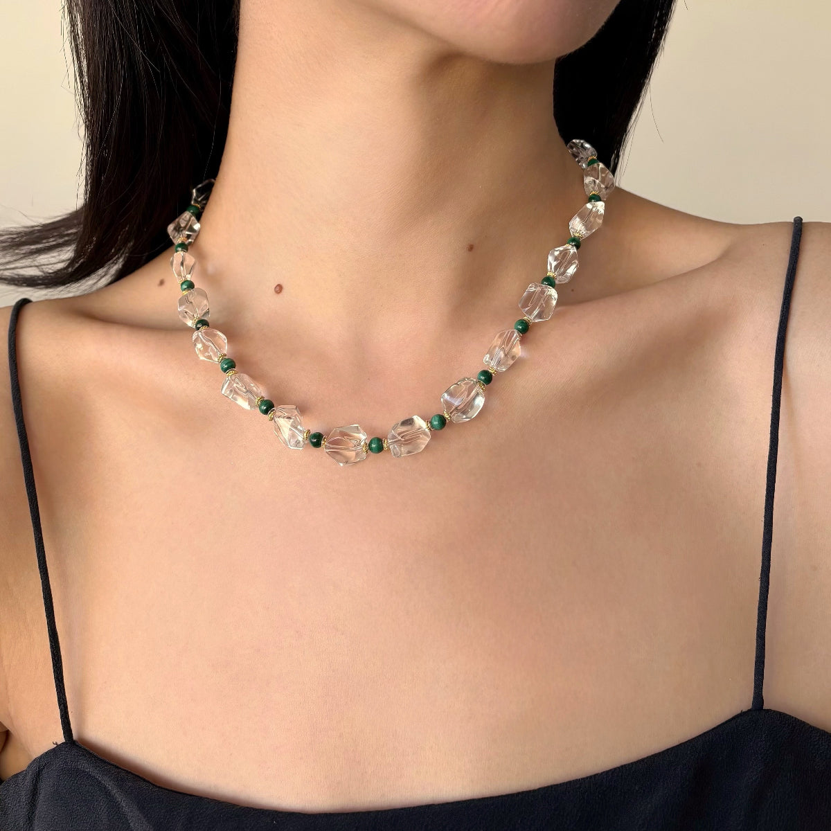 Necklace with malachite and clear crystal quartz beads