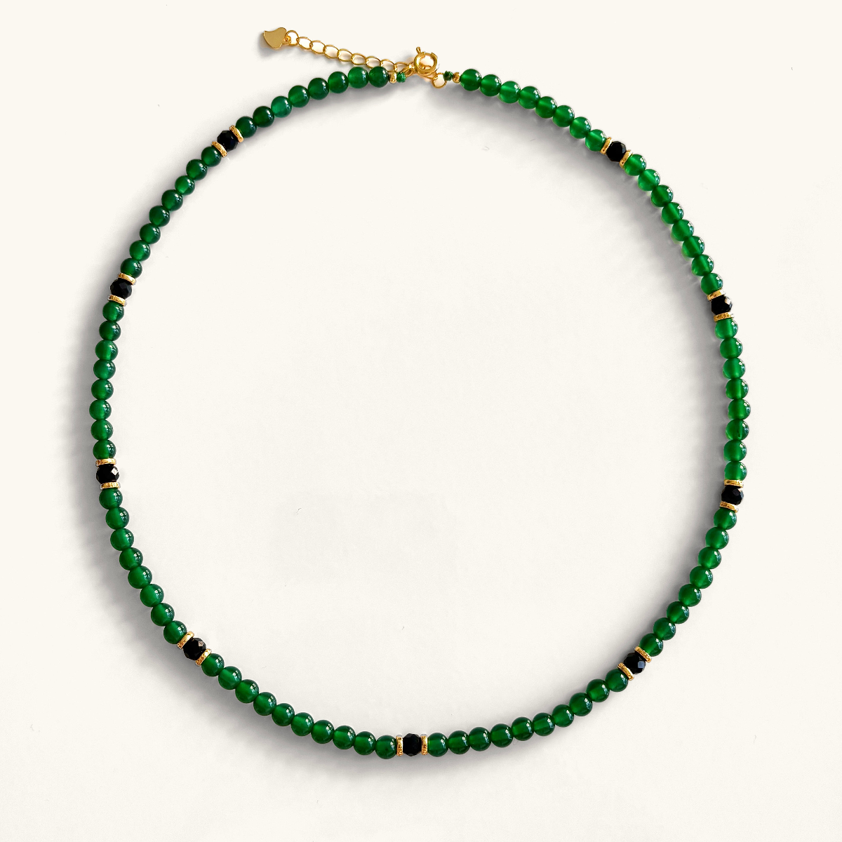 Green agate necklace with black and gold accents, fall layering jewelry