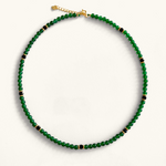 Green agate necklace with black and gold accents, fall layering jewelry