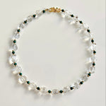 White quartz necklace with malachite beads and gold accents, fall statement jewelry