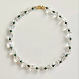 White quartz necklace with malachite beads and gold accents, fall statement jewelry