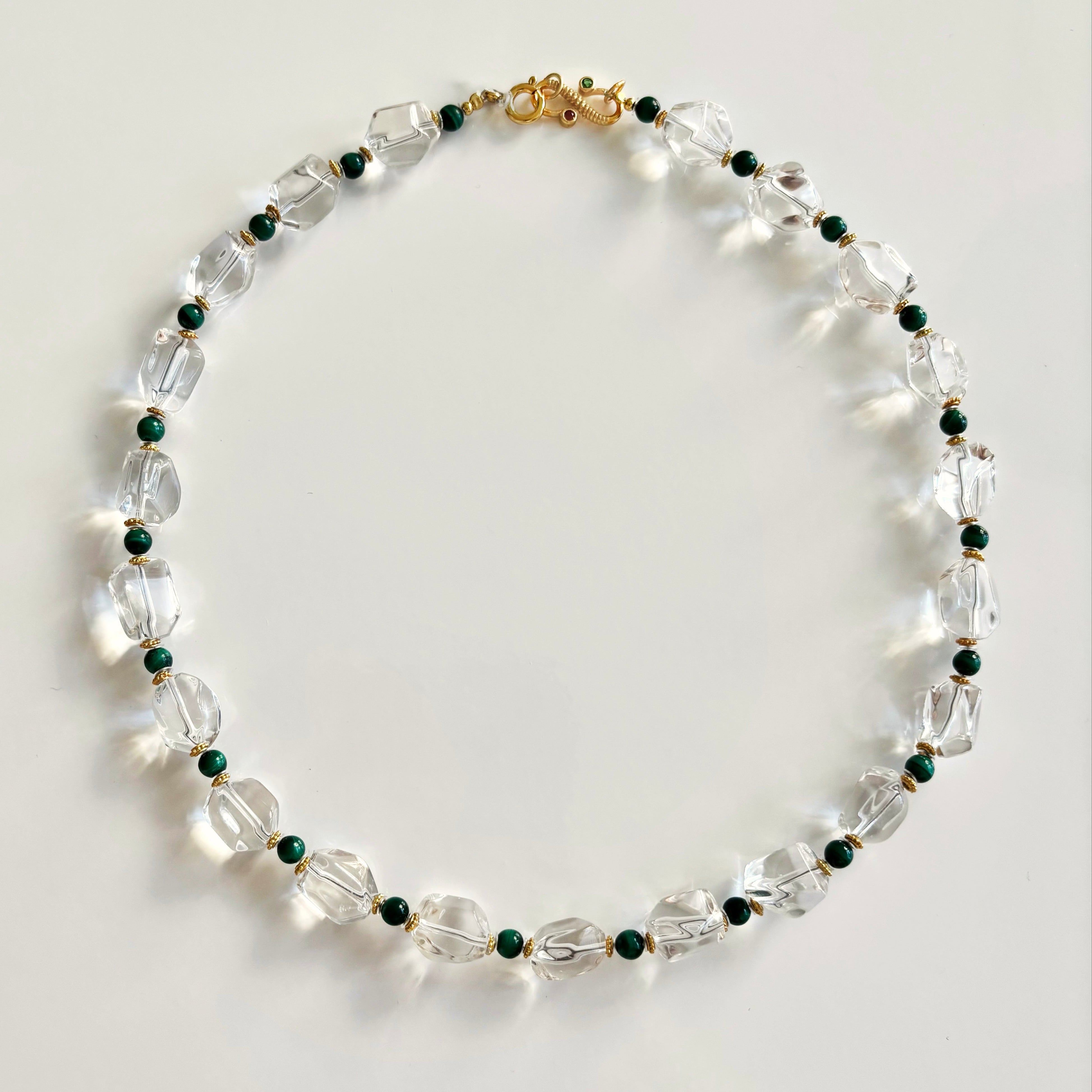 White quartz necklace with malachite beads and gold accents, fall statement jewelry