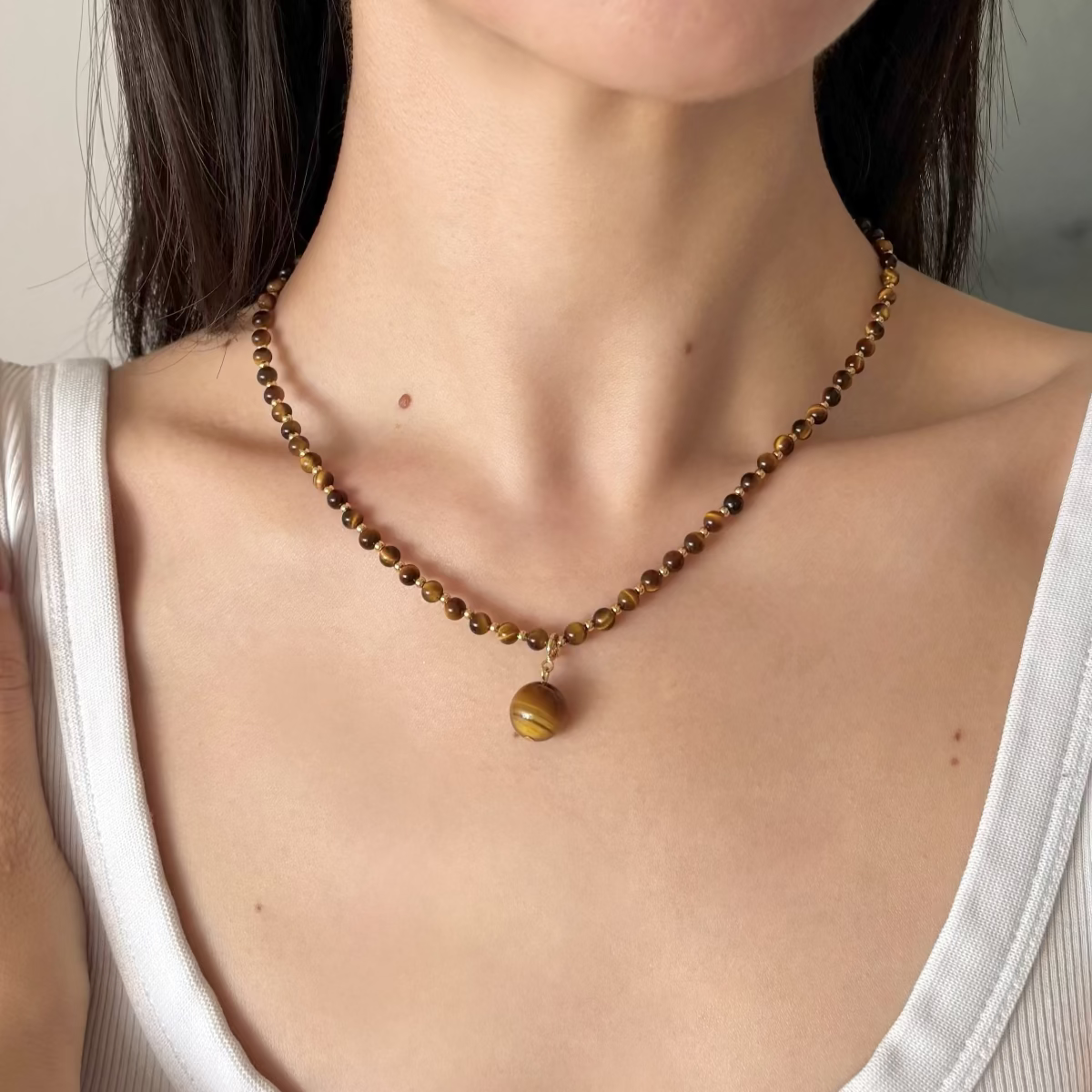 Tiger eye necklace with gold pendant, modern fall jewelry, aesthetic chic jewelry
