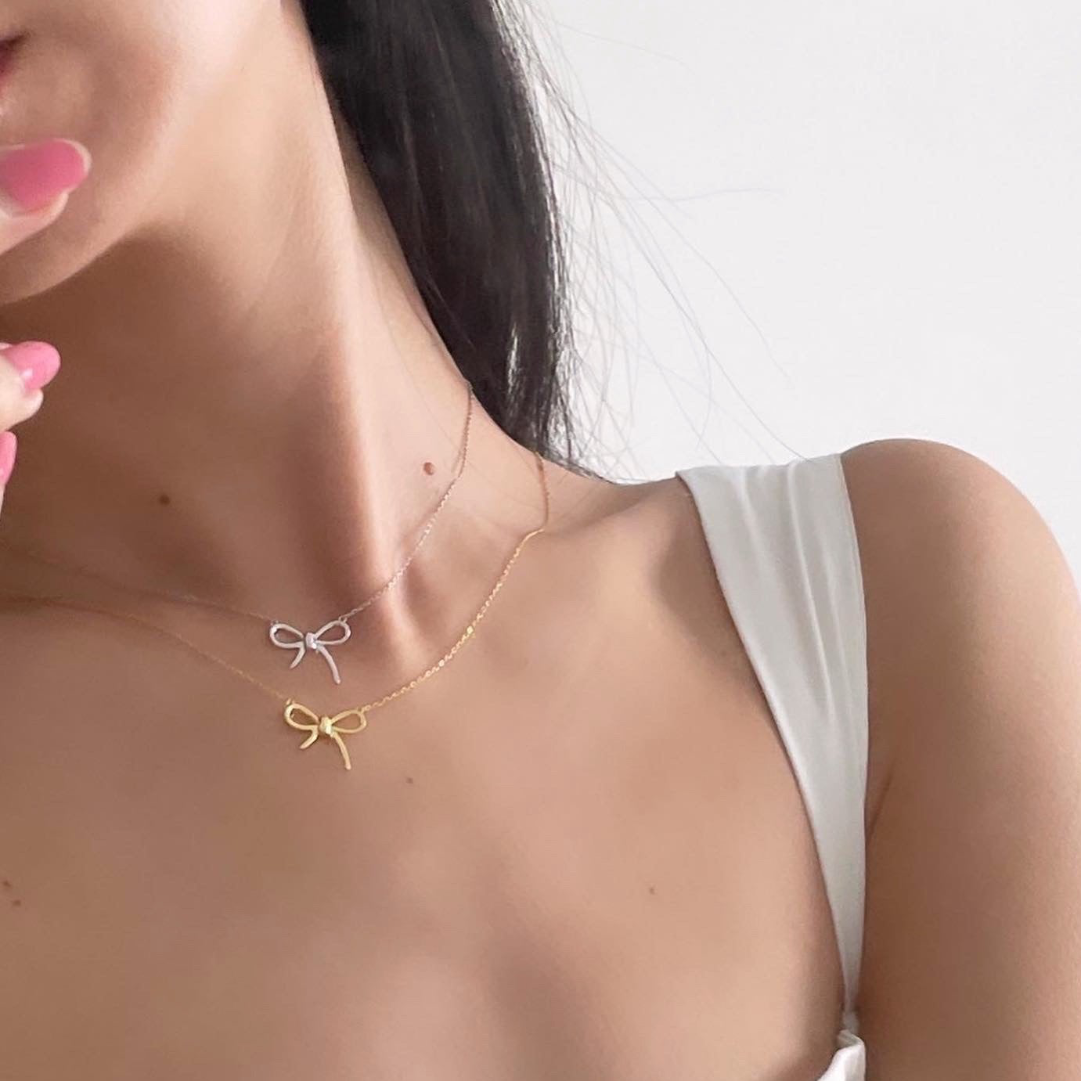 bow necklace, ribbon necklace, gold bow necklace