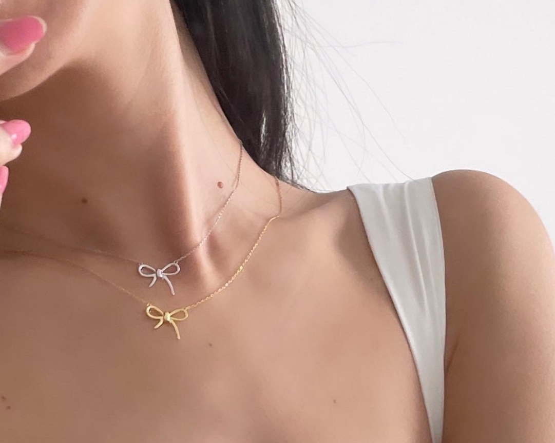 bow necklace, ribbon necklace, gold bow necklace